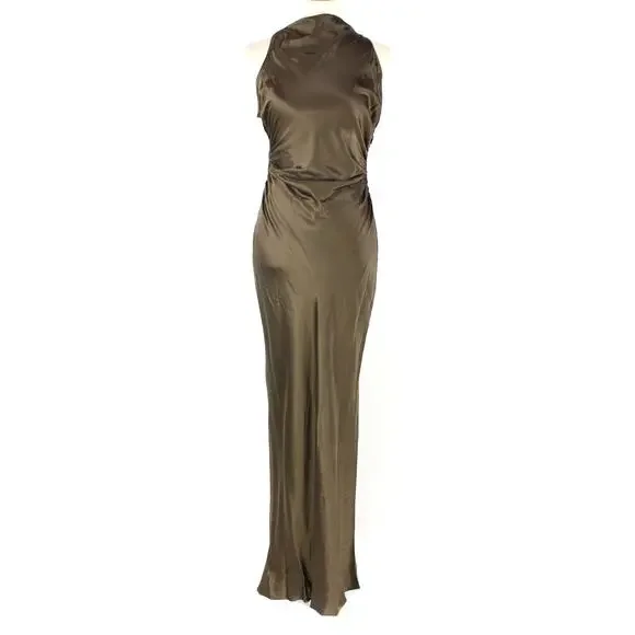 Reformation Morel Brown Anaiis Silk Dress High Neck Open Back Maxi Dress Size 6 - Picture 2 of 7